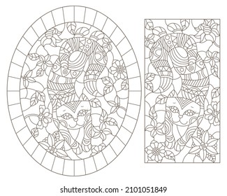 A set of contour illustrations of stained glass cats on a background of flowers, dark outline on a white background