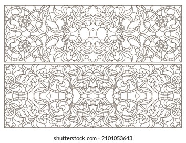 Set contour illustrations of stained glass with abstract swirls and flowers ,rectangular images
