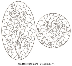 Set of contour illustrations in stained glass style with abstract rose flowers, dark outlines on a white background