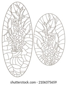 Set of contour illustrations in stained glass style with floral still lifes, dark contours on a white background