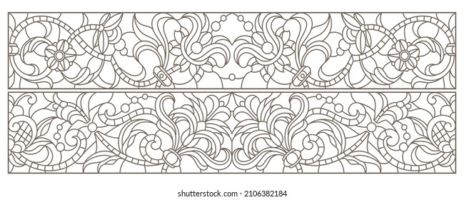 Set contour illustrations of stained glass with abstract swirls and flowers ,rectangular images