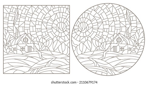 Set contour illustrations of stained glass Windows landscape , lonely house on a background of nature