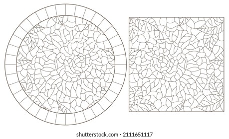 Set of contour illustrations in stained glass style with abstract rose flowers, dark outlines on a white background