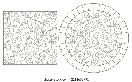 Set of contour illustrations in stained glass style with abstract peony flowers, dark outlines on a white background