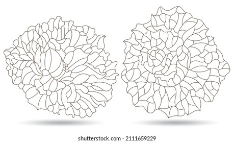 Set of contour illustrations in stained glass style with peony and rose flowers, dark outlines isolated on a white background