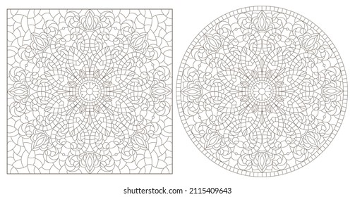 Set contour illustrations of stained glass with abstract swirls and flowers , dark outlines on a white background