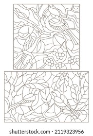 A set of contour illustrations of stained glass windows with birds on tree branches, dark outlines on a white background