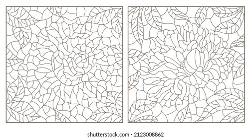 Set of contour illustrations in stained glass style with abstract peony and rose flowers, dark outlines on a white background