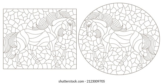 Set of contour illustrations in the stained glass style with horses on a landscape background, dark contours on a white background, rectangular images