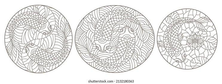 Set contour illustrations of stained glass with gold fish , black contour on white background