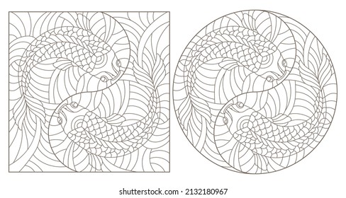 Set contour illustrations of stained glass with gold fish , black contour on white background