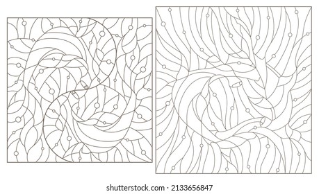 Set of contour illustrations in  stained glass style with fish hammerhead on the background of water and air bubble