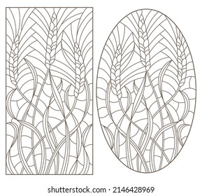 Set Of Contour Illustrations Of Stained Glass With Wheat Germ, Oval And Rectangular Image, Dark Contours On A White Background