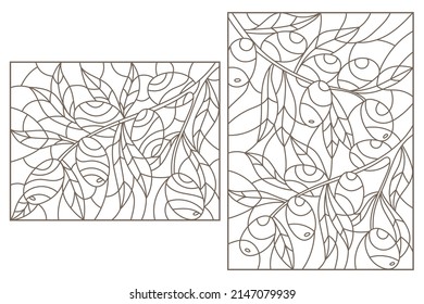 Set of contour illustrations of stained glass Windows with olive branches, rectangular  images, dark contours on a white background