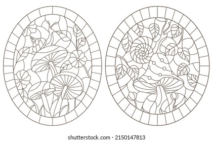 Set contour illustrations in the stained glass style snail on mushroom, dark outline on a white background
