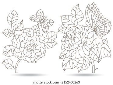 Set of contour illustrations in stained glass style with abstract flowers, dark outlines isolated on a white background