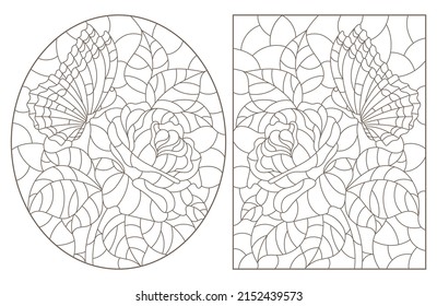 Set of contour illustrations in stained glass style with abstract flowers, dark outlines on a white background
