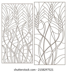 Set Of Contour Illustrations Of Stained Glass With Wheat Germ, Rectangular Images, Dark Contours On A White Background