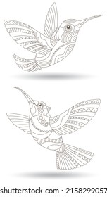 A set of contour illustrations in a stained glass style with Hummingbird birds, dark outlines isolated on a white background