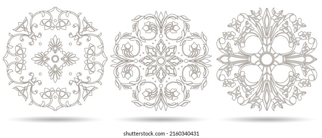 A set of contour illustrations in the stained glass style with floral motifs , dark contours on a white background