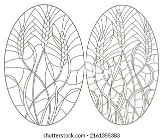 Set of contour illustrations of stained glass with wheat germ, oval images, dark contours on a white background