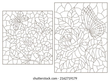 Set of contour illustrations in stained glass style with abstract flowers, dark outlines on a white background