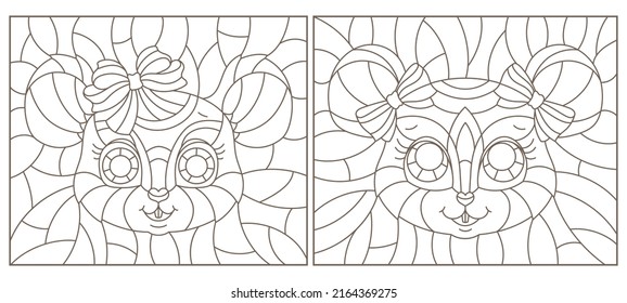Set of contour illustrations of stained glass Windows with cartoon mouse heads, dark outlines on white background