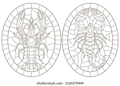 Set of contour illustrations of stained glass Windows with Scorpion and cancer, dark contours on a white background