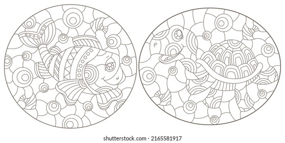Set of contour illustrations of stained glass Windows with cartoon funny fish, dark outlines on a white background