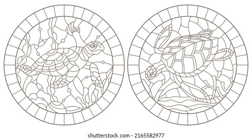 Set of contour illustrations of stained glass Windows with turtles on the background of the seabed, dark contours on a white background