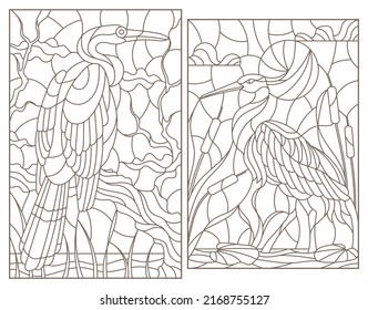 Set of contour illustrations of stained glass Windows with herons on a branch, dark contours on a white background