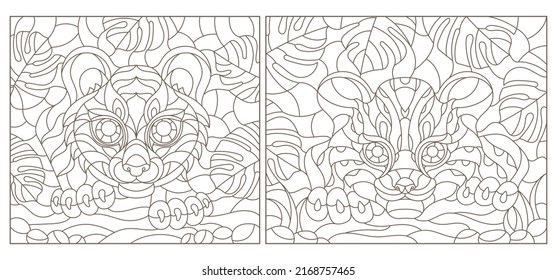 Set contour illustrations of stained glass with a tiger on the background of tropical plants,  square images, dark contours on white background