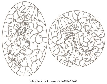 A set of contour illustrations of stained glass Windows with jellyfish on a background of water and air bubbles, dark contours on a white background