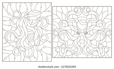 Set of contour illustrations in stained glass style with octopuses, round and rectangular image, dark contours on a white background