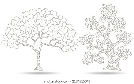 Set of contour illustrations in stained glass style with abstract trees, dark outlines on a white background
