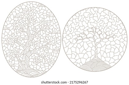 Set of contour illustrations in stained glass style with abstract trees, dark outlines on a white background