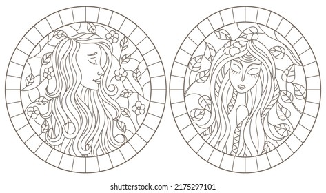 Set of contour illustrations of stained glass Windows with abstract girls on the background of tree branches, dark contours on a white background