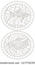 Set of contour illustrations of stained glass Windows with fishes and algae, dark contours isolated on a white background