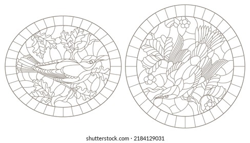 A set of contour illustrations of stained glass Windows with birds on a background of leaves and berries, dark contours on a white background