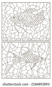 Set of contour illustrations of stained glass Windows with fishes and algae, dark contours isolated on a white background