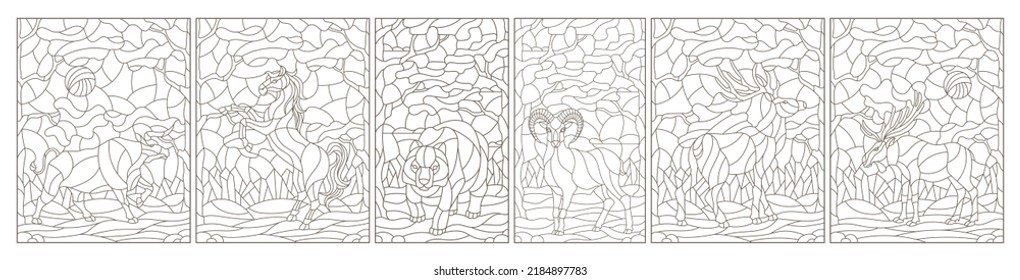 Set of contour illustrations of stained glass Windows with wild animals on a background of forest landscape, dark contours on a white background