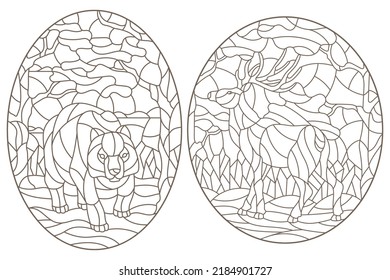 Set of contour illustrations of stained glass with a bear and deer on forest landscape background, dark outlines on white background
