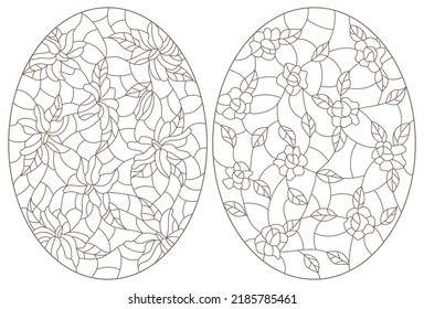 Set of contour illustrations of stained glass Windows with abstract intertwined flowers, dark outlines on a white background