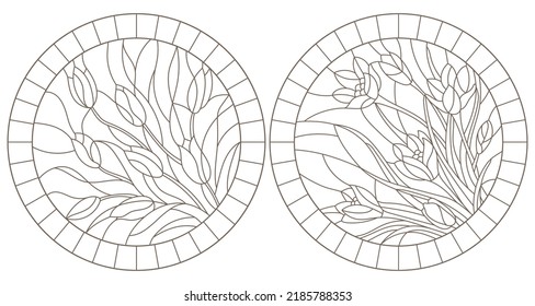 A set of contour illustrations of stained glass Windows with Crocuses in frames, dark contours on a white background, round images