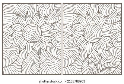 Set of contour illustrations of stained glass Windows with abstract flowers, round images and square, dark outlines on white background