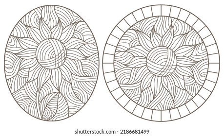 Set of contour illustrations of stained glass Windows with abstract flowers, round images and square, dark outlines on white background