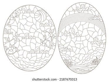 Set of contour illustrations of stained glass Windows with summer landscapes, dark outlines on a white background