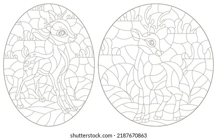 Set of contour illustrations of stained glass Windows with fawns on a background of meadows and sky, dark outlines on a white background