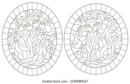 A set of contour illustrations of stained glass Windows with cats on a background of colors, dark contours on a white background