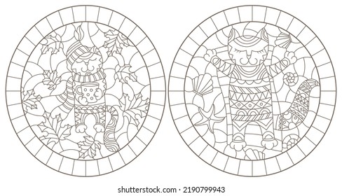 Set contour illustrations of stained glass with funny cats, cat, Cup and scarf on the background of autumn leaves and resting on the beach cat